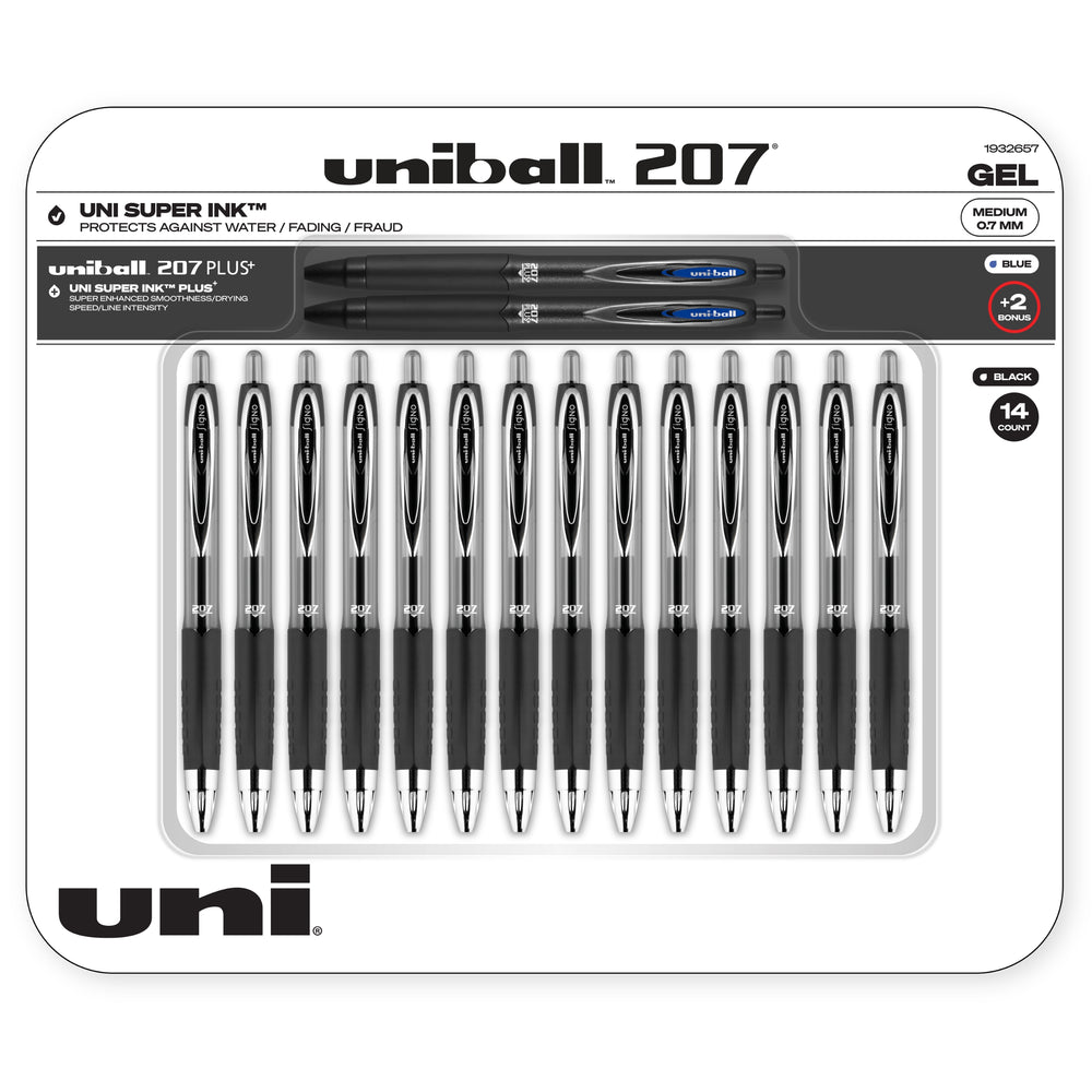 uniball™ 207 Retractable Gel Pens, Assorted, 14 Pack + 2 Bonus Pens